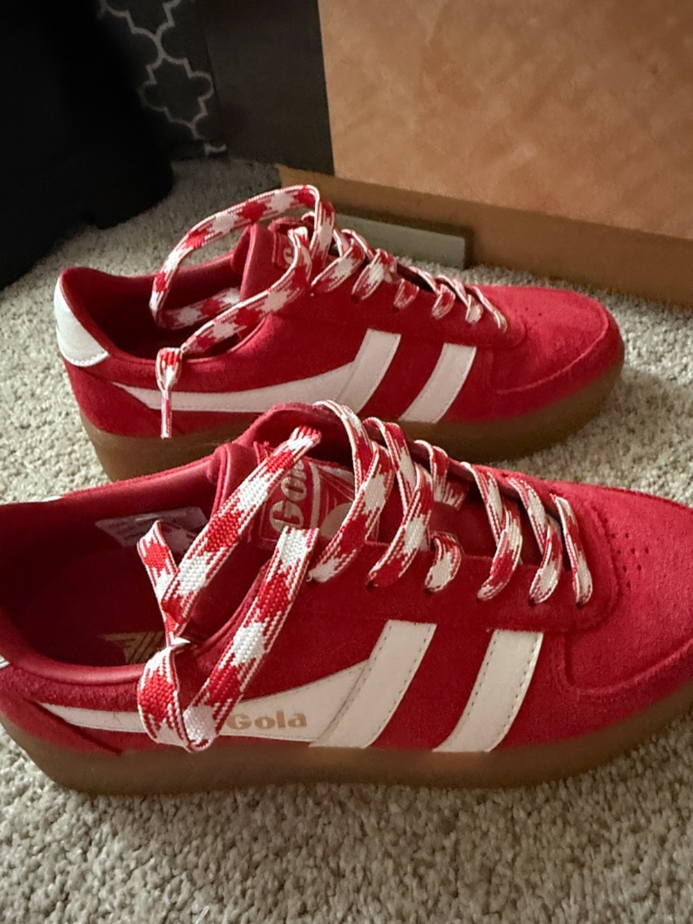 Gola Red Suede Sneakers with White Stripes and Gum Sole